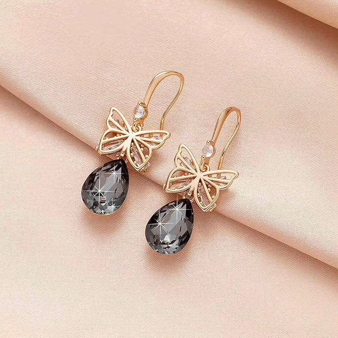 Austrian Crystal Teardrop Butterfly Drop Dangle Earrings for Women 14K Rose Gold Plated Hypoallergenic Jewelry