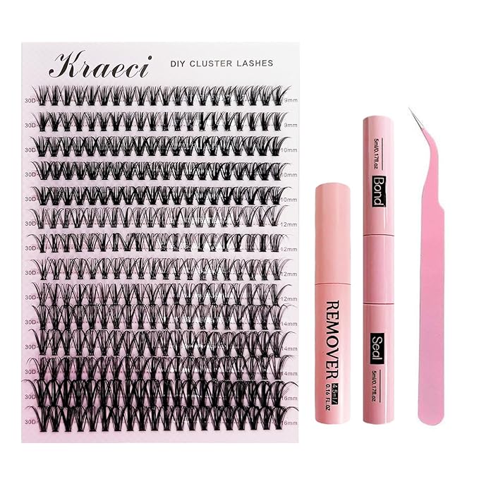Kraeci Lash Extension Kit DIY with Adhesive Remover for Safe Removal, 280 Clusters 9-16mm, 30D Volumes, Bond Glue, Sealant, Tweezers, Home Use Eyelash Starter Kit