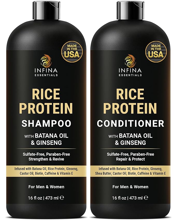 INFINA ESSENTIALS Rice Protein Shampoo and Conditioner Set | 16 fl oz Each | with Batana Oil & Ginseng | Strengthening, Thickening & Clarifying Formula | Supports Hair Growth & Repair