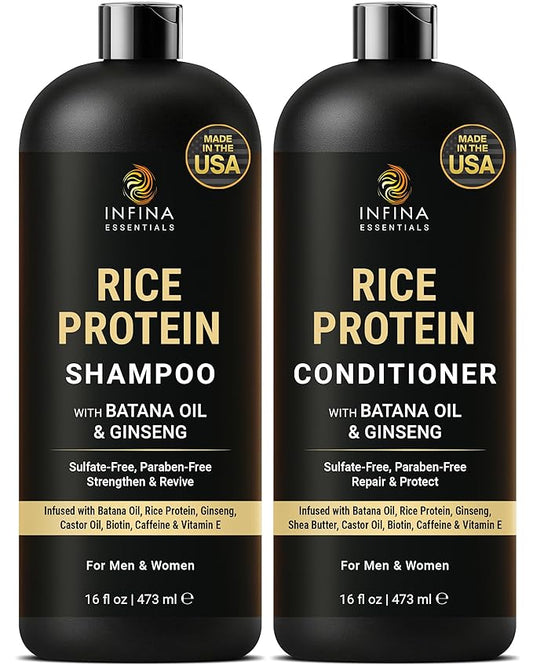 INFINA ESSENTIALS Rice Protein Shampoo and Conditioner Set | 16 fl oz Each | with Batana Oil & Ginseng | Strengthening, Thickening & Clarifying Formula | Supports Hair Growth & Repair