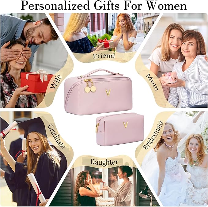 Valentine's Day Gifts for Women Teen Girl, Personalized Initial Makeup Organizer Bag Set, Open Flat Travel Cosmetic Bag With Clear Divider and Handle(Pink,V)