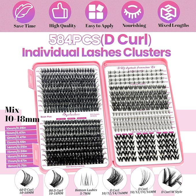 Qiveaory DIY Lash Extension Kit 584 Pcs Individual Lashes Clusters with Bottom Lashes Lash Bond and Seal,Eyelash Remover Tweezers Brush Eyelash Extension Set Lash Books DIY at Home