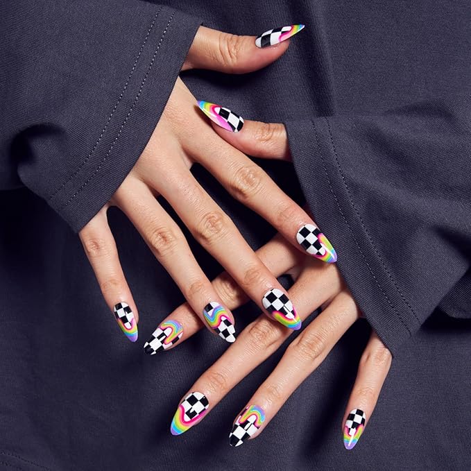 GLAMERMAID Rainbow Press on Nails Medium Almond, Y2K Rainbow Crush Gel Glue on Nail with Checkerboard Color, Glossy Short Stiletto Reusable Fake Nails, Acrylic False Nails Manicure Kit for Women