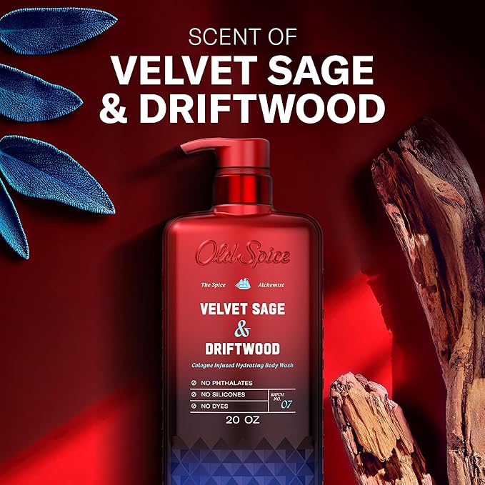 Old Spice Body Wash for Men, The Spice Alchemist Collection, 24/7 Cologne Infused Hydration, No Trade Off Formula, Free of Phthalates Silicones & Dyes, Velvet Sage + Driftwood Scent, 20 oz