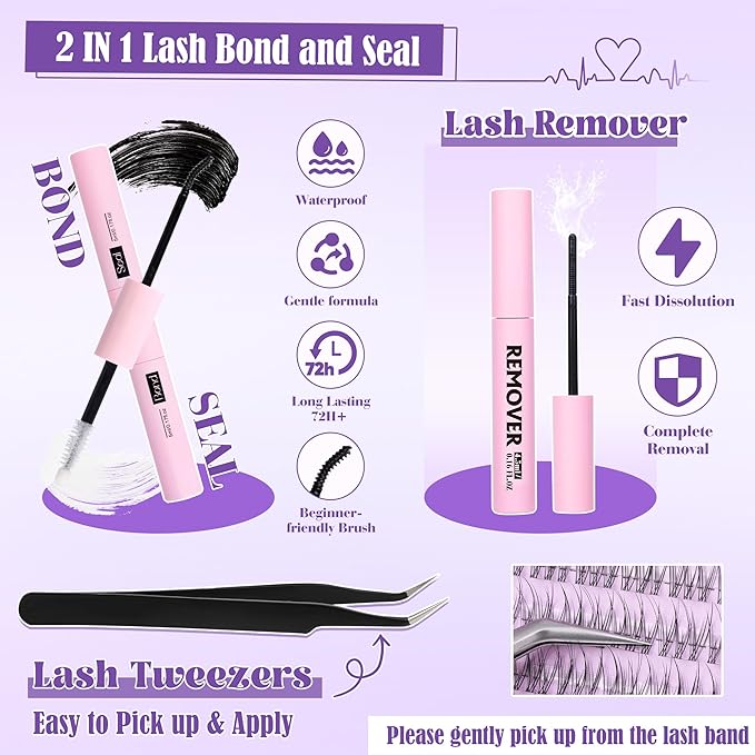 Natural Lash Clusters Kit Invisible Band Wispy Lash Extensions Kit Short 11-13mm DIY Eyelash Extensions Individual Cluster Lashes Kit with Lash Remover by ALICE