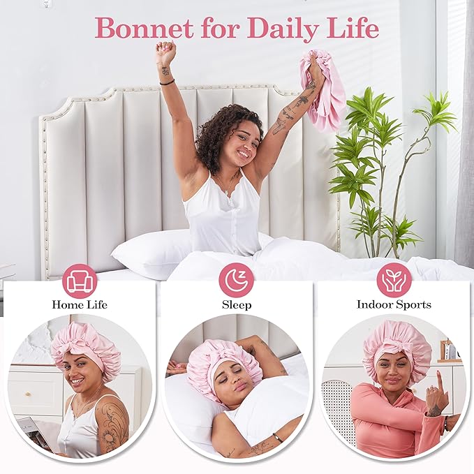 Tie Band Silk Satin Hair Bonnet for Sleeping Women Curly : Sleep Night Wrap Cap for Straight Wavy Coily Kinky Natural Hair Head - Pink