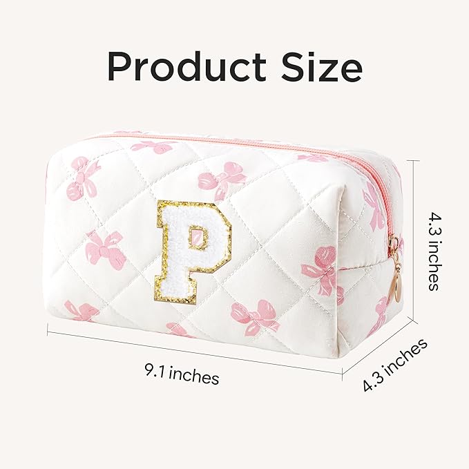 HBselect Initial Makeup Bag for Women, Pink Cosmetic Travel Toiletry Bag, Flowers Zipper Make Up Pouch Organizer Teen Girl Gifts Trendy Stuff P