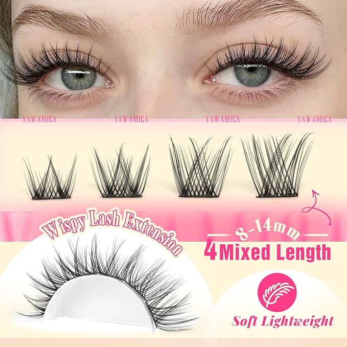 Yawamica Wispy Lash Clusters Kit DIY Lash Extension Kit 8-14mm Eyelash Clusters Natural Cluster Eyelash Extensions D Curly Individual Lashes 144 Clusters Lashes with Waterproof Bond and Seal Tweezers