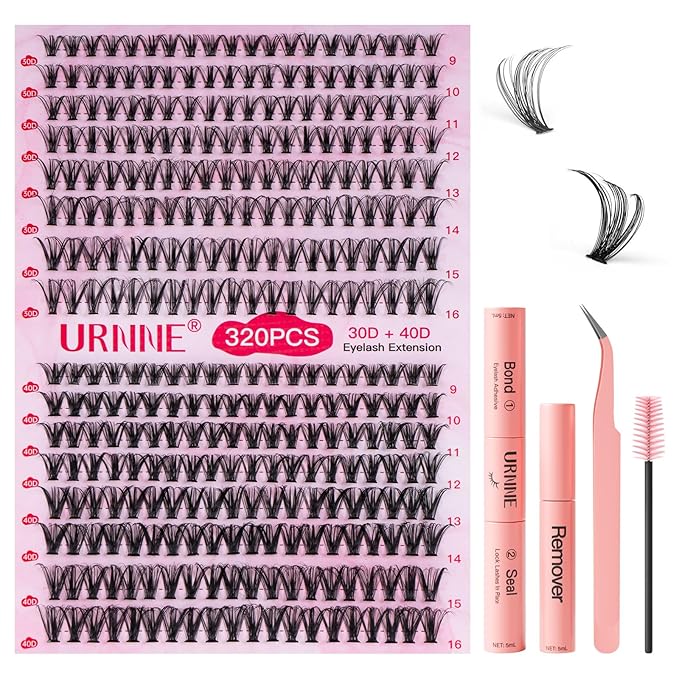 URNNE DIY Lash Extension Kit, 9-16mm Mix 30D 40D Eyelash Extensions Kit, 320pcs Individual Eyelash Clusters, Lash Clusters Kit with Bond and Seal, Remover, Tweezers