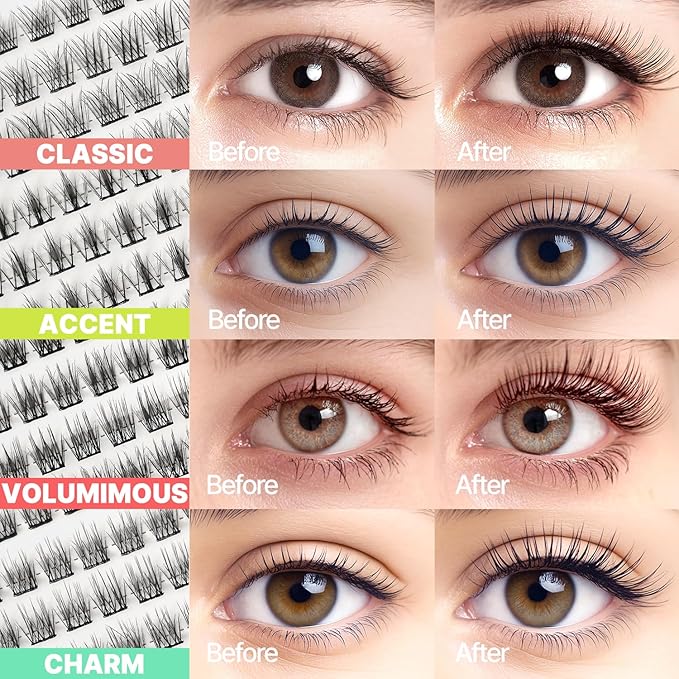 CLIONE PRIME Korean Self Adhesive Lash Clusters Classic Look No Glue Press On Pre Bond Lash Clusters Fluffy Self Adhesive False Eyelashes No Glue Needed Reusable Wispy Eyelash Extensions