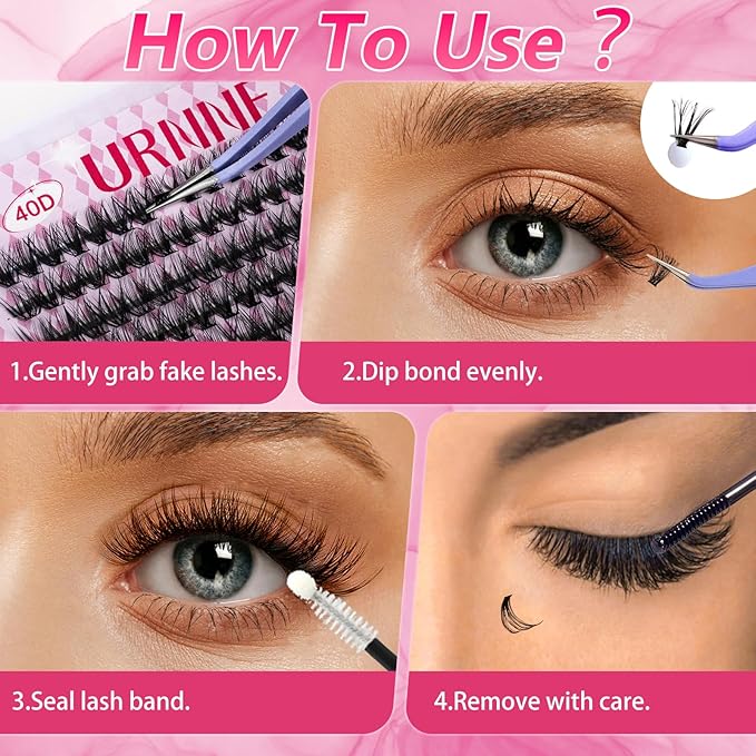 URNNE Lash Extension Kit, 320Pcs Lash Clusters, 40D Lash Clusters Kit, 9-16 mm Individual Cluster Eyelash Extensions with Lash Bond and Seal, Remover, Lash Tweezer DIY Lash Extensions at Home