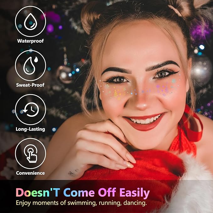 HyperFun 12Pcs Christmas Face Glitter Freckles, Glitter Freckles Face Tattoo Sticker, Holographic Multichrome Waterproof Sparkle Freckles Makeup Patches for Women Rave Festival Accessories Party Prom