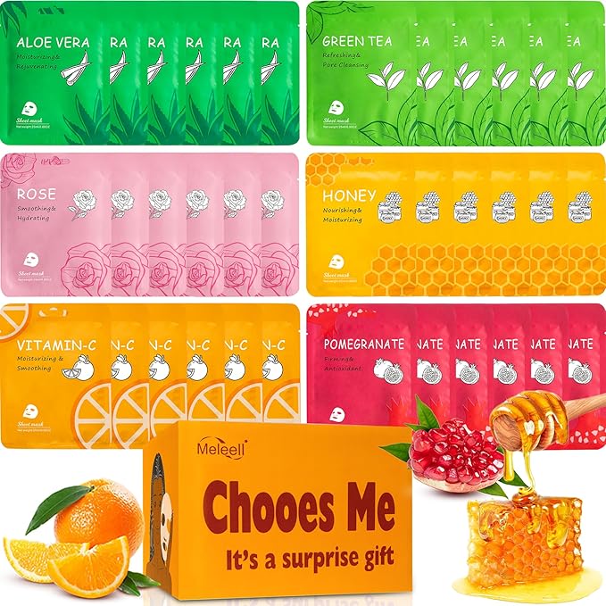Meleell 36 Pack Face Masks Skincare Bulk Pack,Hydrating Face Masks Beauty For Sensitive Skin,Sheet Masks For Faces,Facial Masks Sets For Women Skin Care (36-Packs)