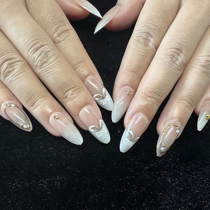 JONKASIPA White Flower Embossed Nail Stickers - Medium Almond Shape Fake Nails Glossy Glue Nail Stickers 3D Gold Line Acrylic Nails French Fingertip Adhesive Fake Nails, DIY Set 24 Pcs