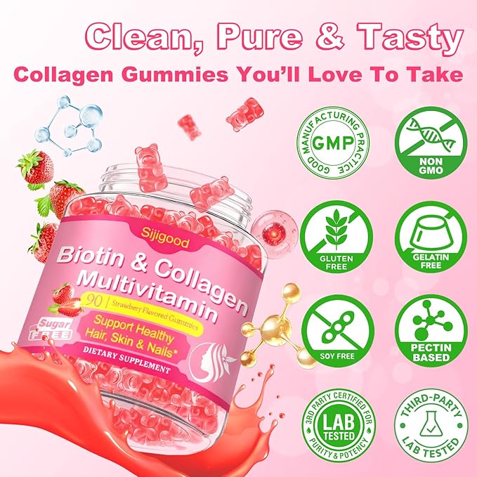 180 Count | Collagen Peptides Gummies for Women Men, 2500mg Collagen Gummies with Multi Hydrolyzed Protein Type I,II,III,V,X, 15000mcg Biotin, Vitamin C B12 D A E for Skin Hair Nails, Bone, Sugar Free