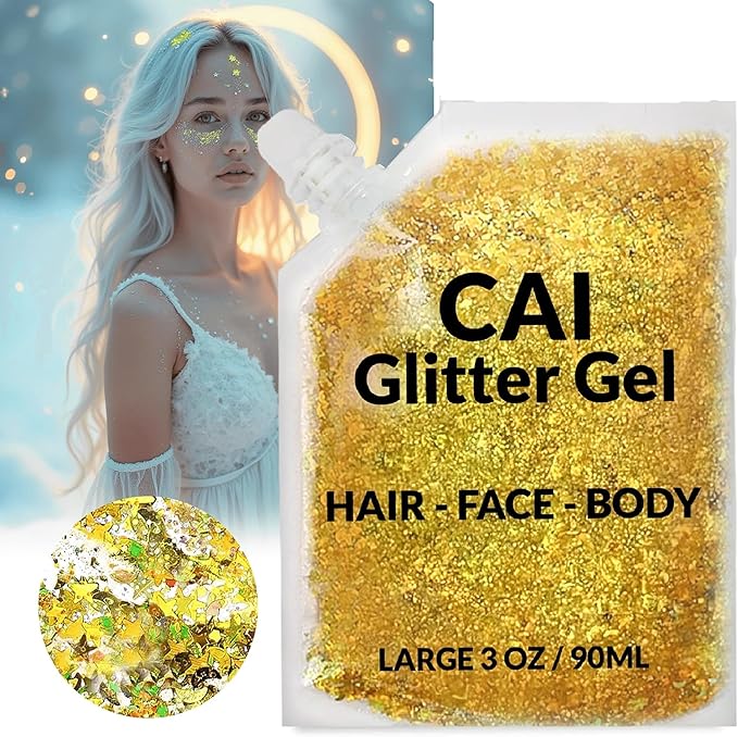 Face, Body & Hair Glitter Gel – Halloween Glitter for Kids and Women – 3 Oz Cosmetic-Grade Gel w/Moon & Stars for Festivals & Halloween Party, Easy Apply & Wash Off - Rose/Gold 2Pack