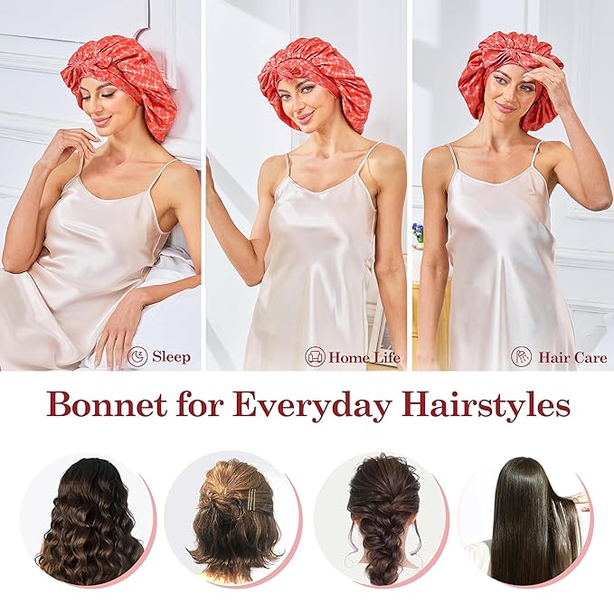 Silk Satin Bonnet for Sleeping Hair: Women Sleep Night Wrap Cap for Straight Wavy Curly Coily Kinky Natural Hair Head by Tie Band - Red & Dark Gold Checkered + Pink