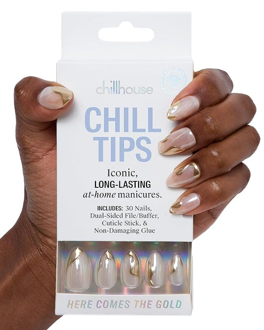 Chillhouse - Chill Tips, Press on Nails Kit - Here Comes The Gold (Oval) - 30 Nail Shapes & Sizes - Up to 2 Weeks of Wear - Customizable - Reusable - Latina Founded, Women Owned - Beauty, Self Care