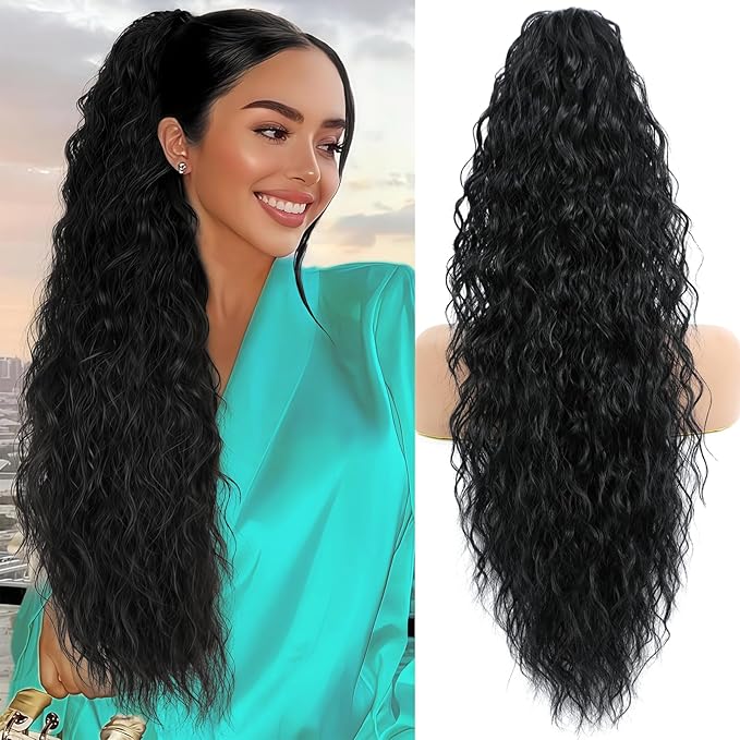 Ponytail Extension, Claw Clip on Pony tails Hair Extension for Women 28 Inch Long Wavy Curly Fake Ponytail Clip in Hair Pieces for Women Fluffy Natural Looking (Black, 28 Inch)
