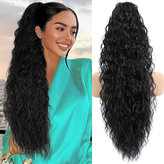 Ponytail Extension, Claw Clip on Pony tails Hair Extension for Women 28 Inch Long Wavy Curly Fake Ponytail Clip in Hair Pieces for Women Fluffy Natural Looking (Black, 28 Inch)