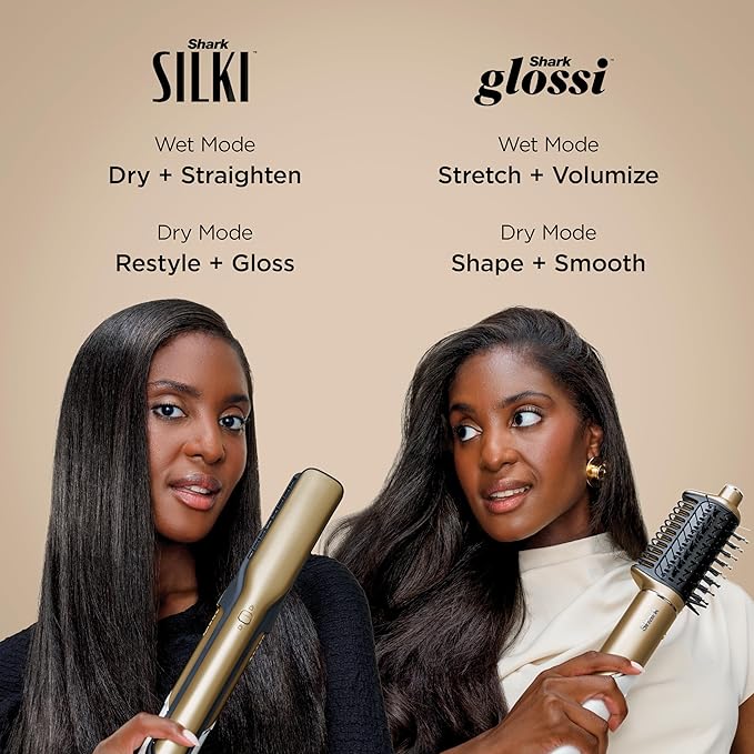 Shark Glam Ceramic & Powerful Air Styling & Drying System, with Silki Straightener & Shark Glossi Air Glosser, for Drying, Curling, Straightening & Glossing, Gold, HD6051S (Straight & Wavy Hair)