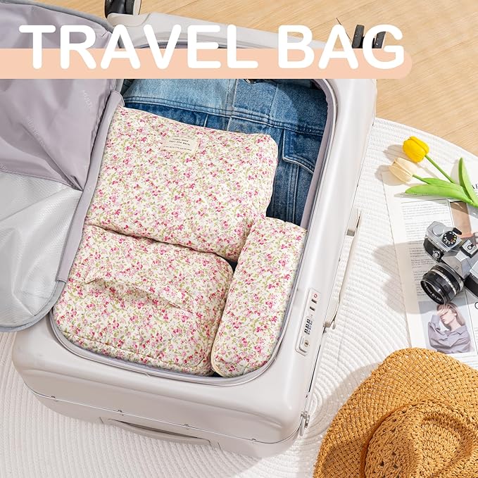Makeup Bag for Women 3PCS Quilted Cotton Make Up Bag Travel Cosmetic Bag Large Makeup Bag Set Cute Makeups Organizer Floral Toiletry Pouch for Purse, Spring Meadow