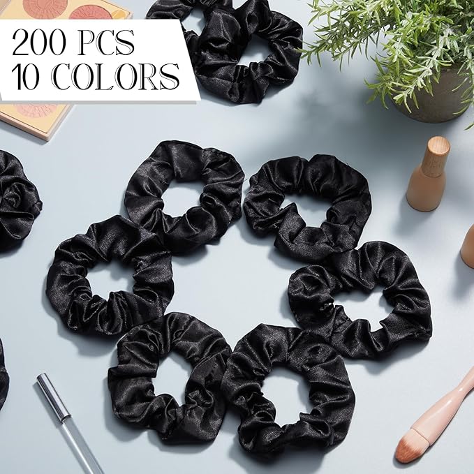 Hoteam 200 Pieces Satin Hair Scrunchies Bulk for Ponytail Holder Solid Color Satin Hair Tie Hair Elastics Bands for Women Teens Birthday Gift(Black)
