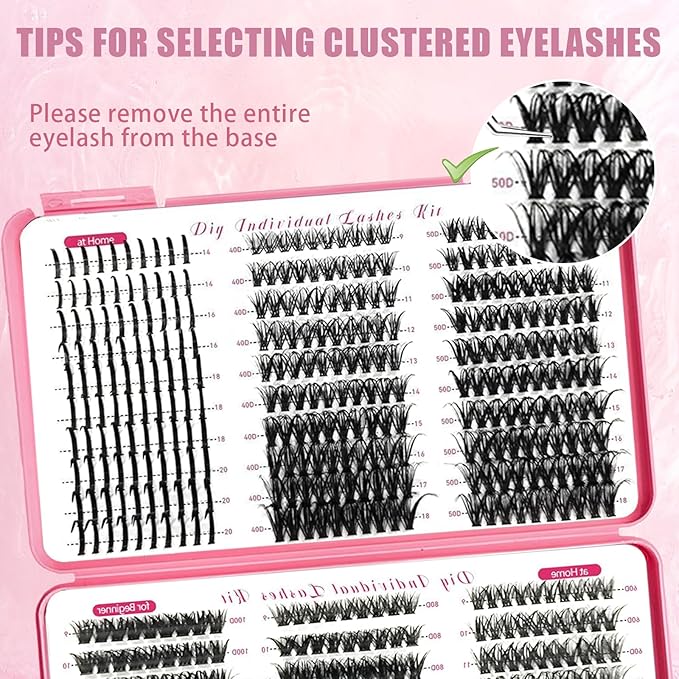 Qiveaory 580PCS DIY Lash Clusters Kit with Lash Spikes Eyelash Clusters D Cluster Eyelash Extensions Lash Bond and Seal Glue Remover Tweezers Eyelash Shampoo Cleansing Brush Headband Wristband