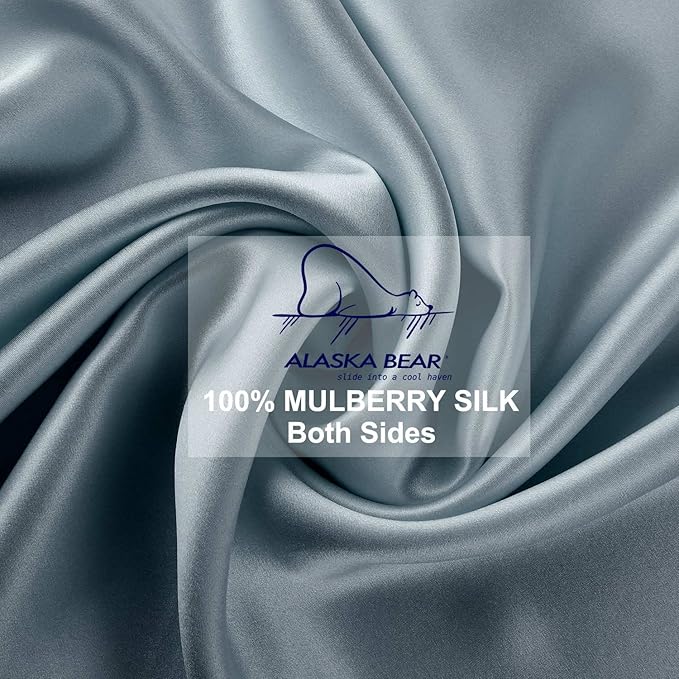 ALASKA BEAR Natural Silk Pillowcase, Hypoallergenic, 19 Momme, 600 Thread Count 100 Percent Mulberry Silk, King Size with Hidden Zipper(1, Haze Blue)