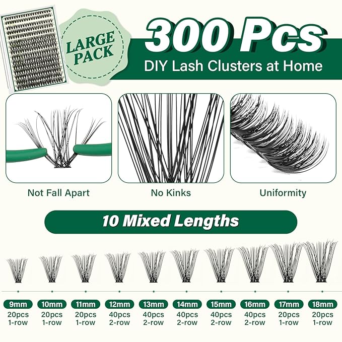 KEYYOU Lash Extension Kit DIY 300Pcs Lash Clusters Eyelash Extension Kit 50D D Curl 9-18MIX Lash Clusters Kit with Lash Glue Remover Applicator Easy to Use for Beginners(Kit,50D-D,9-18MIX)