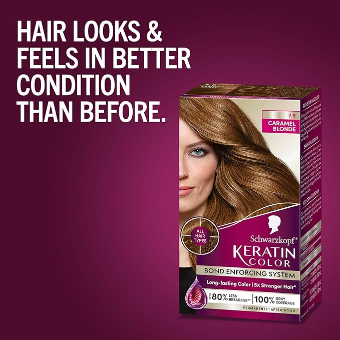 Schwarzkopf Keratin Permanent Hair Dye Cream, 7.5 Caramel Blonde, Professional Quality Color for Up to 100% Gray Coverage, Bond Enforcing System