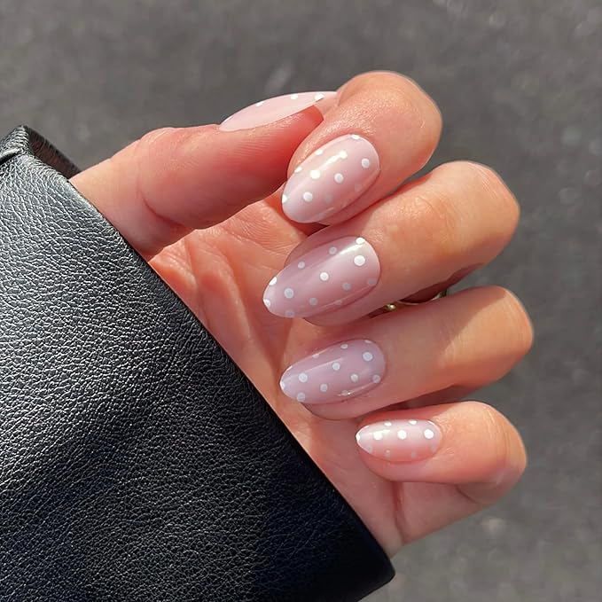 RPNZL Press On Nails - Sugar | Pink Polka Dot UV Finish Almond Nails, Reusable Salon Quality | 32 Nails, 16 Sizes Kit with Glue and Adhesive Tabs I Female Founded