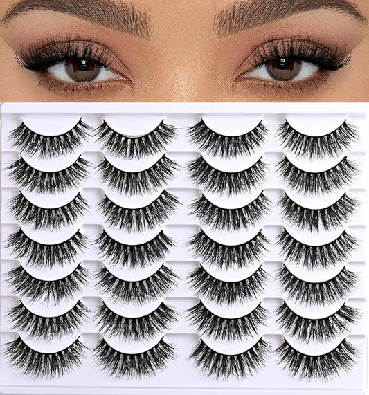 APCYUST Lashes False Eyelashes Natural Lashes Wispy 14 Pairs Fake Eyelash Reusable Lash Strips Fluffy Eye Lashes Pack Short Mink Strip Lashes Natural Look Wispies Cateye Lashes for Women