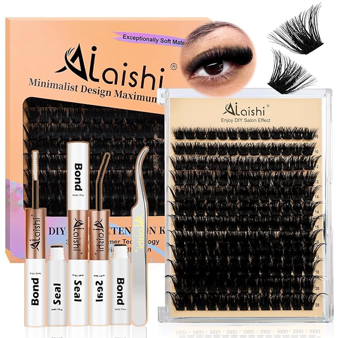 AILAISHI Lash Clusters Kit, DIY Cluster Eyelash Extensions 10‑20mm, 150D, 156pcs Fluffy D Curl Natural Lashes with Bond & Seal,Tweezers–Fake Cat Eye Individual Clusters