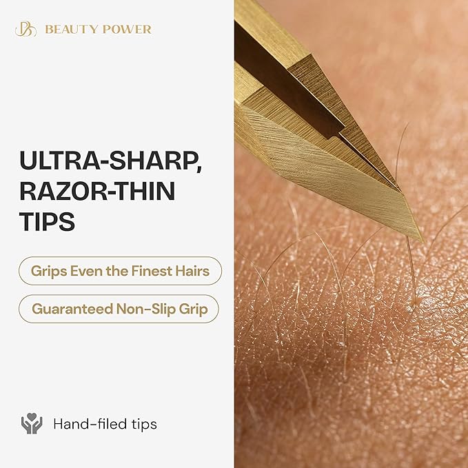 Beauty Power Ultra-Precision Professional Slant Tweezers for Women Facial Hair - German Stainless Steel, Lightweight Black Tweezers for Women & Men, Ideal for Eyebrow & Facial Grooming (Matte Gold)