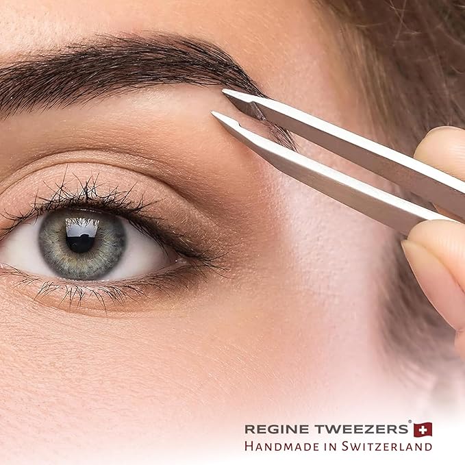 Regine Switzerland Professional Tweezers Slant Tip - Etched Tip Brow and Eyebrow Tool for Men and Women - Precision Tweezers for Fine Hair, Chin, Lash Extensions - Stainless Steel Handmade Beauty Tool