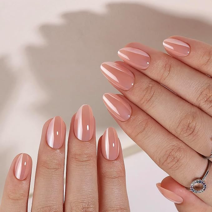 RPNZL Press On Nails - Silk Blush | Pearl Chrome Nude Medium Almond Fake Nails, Salon Quality | 32 Nails, 16 Sizes Kit with Glue and Adhesive Tabs I Female Founded - Beauty, Self Care