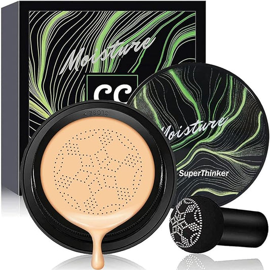 Air Cushion CC Cream Mushroom Head Foundation Makeup, BB Cream Face Makeup Foundation for Mature Skin, Moisturizing Natural Coverage, Tattoo cover up, Even Skin Tone for All Skin Types (Buff Beige)