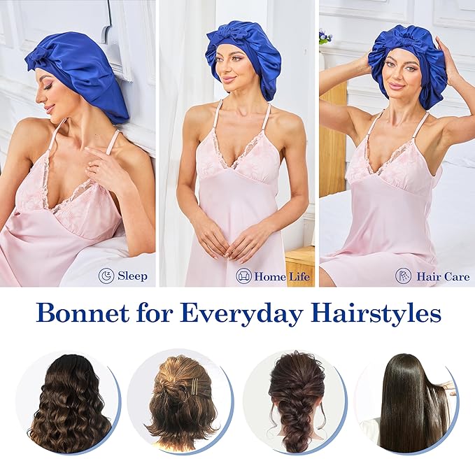 Silk Satin Bonnet for Sleeping Hair: Women Sleep Night Wrap Cap for Straight Wavy Curly Coily Kinky Natural Hair Head by Tie Band - Navy + Sky Blue