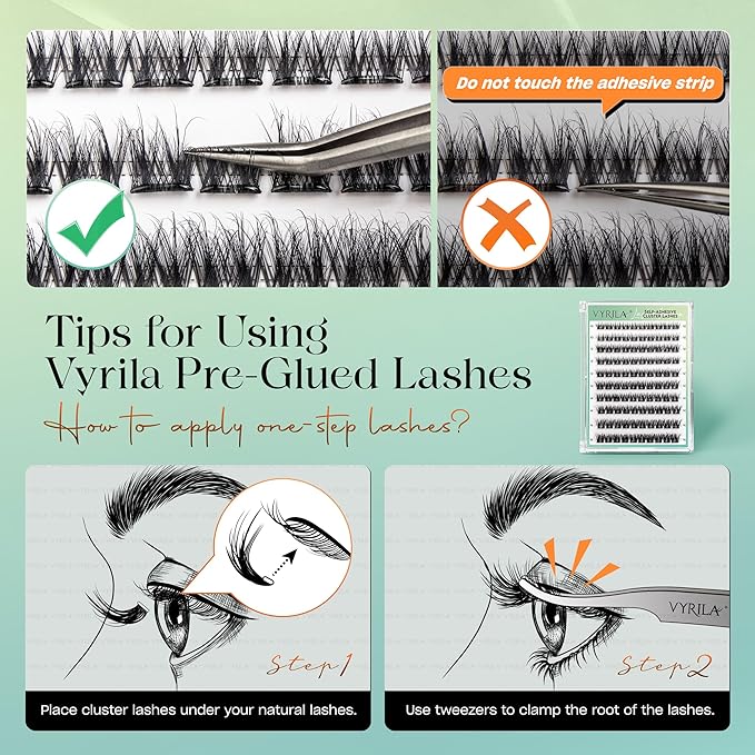 VYRILA Self-Adhesive Lash Cluster, Pre-Glued Clusters with Tweezers, Pop-On Faux Eyelashes, 3D Thin Band D Curl Natural Look Lahses, Easy to Apply, Reusable 0.05mm Eyelash Extensions (Joy-10-16-Kit)