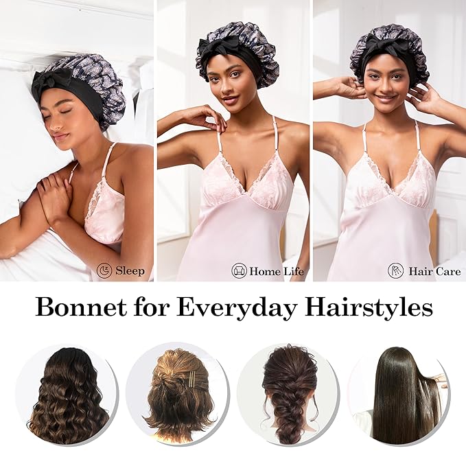 Tie Band Silk Satin Bonnet for Sleeping Hair: Women Sleep Night Wrap Cap for Straight Wavy Curly Coily Kinky Natural Hair Head - Bohemia
