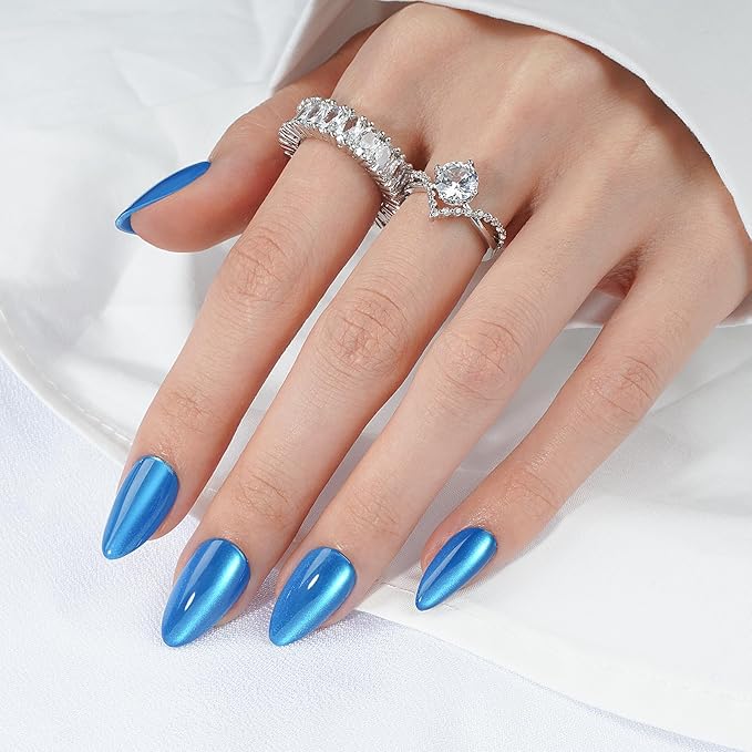 Canvalite Short Almond Press On Nails, 30Pcs Press on Nails Cat Eye Reusable Acrylic Fake Nails with Glue & Glue Remover Easy to Use Manicure Kit for Women, Blue