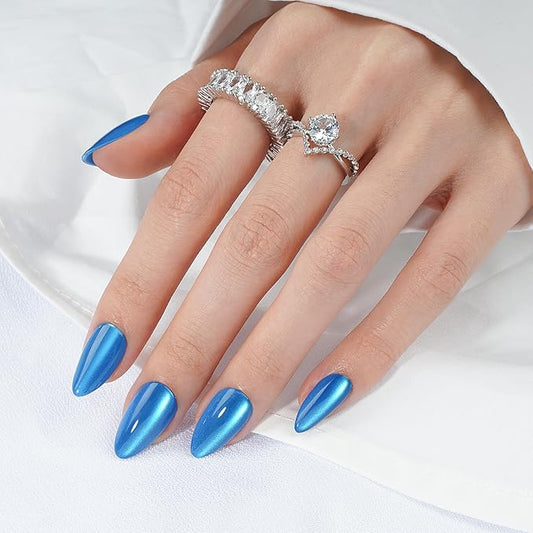 Canvalite Short Almond Press On Nails, 30Pcs Press on Nails Cat Eye Reusable Acrylic Fake Nails with Glue & Glue Remover Easy to Use Manicure Kit for Women, Blue