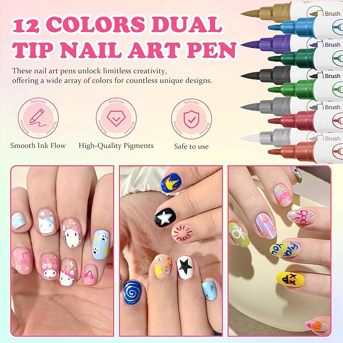 Dual tip Nail Art Pens Set – 10 Colors Acrylic Nail Polish Pens with Fine Tip & Brush Tip for DIY Nail Designs, Quick Dry, Long Lasting Nail Art Markers for Professional Manicure, Home & Salon Use
