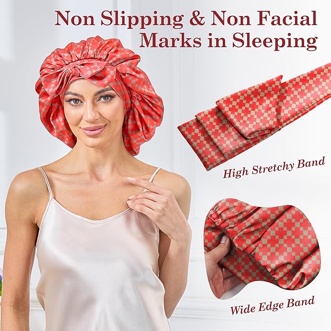 Silk Satin Bonnet for Sleeping Hair: Women Sleep Night Wrap Cap for Straight Wavy Curly Coily Kinky Natural Hair Head by Tie Band - Red & Dark Gold Checkered + Pink