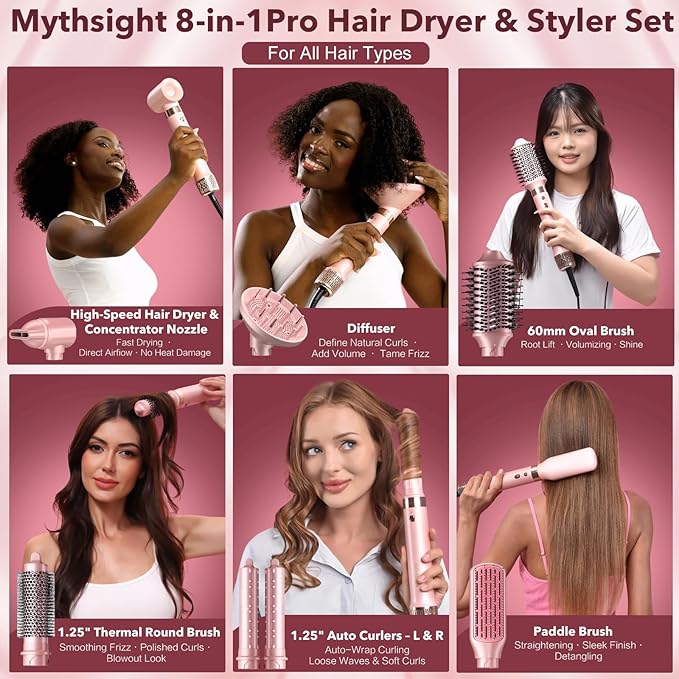 Mythsight StyleVibe 8-in-1 Air Styler, Hair Dryer & Blow Dryer Brush with Travel Case - Auto Wrap Curls (L/R), Fast Drying, Thermal Round Brush for Smooth Blowouts & Frizz-Free Volume, No Heat Damage