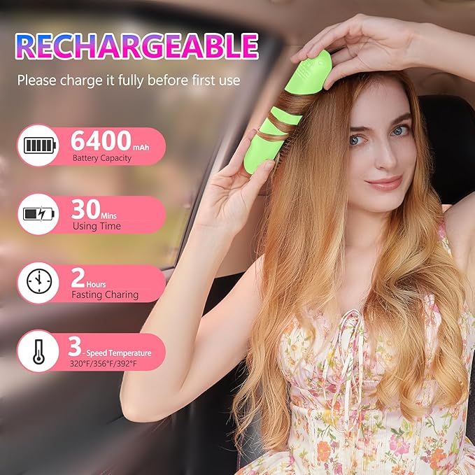 STUDLLY LCD Screen Cordless Hair Straightener Curler 2 in 1, Portable Mini Hair Straightening Brush for Travel Negative Ionic Fast Heating Hot Comb for Women, Folding Brush with Mirror, Green