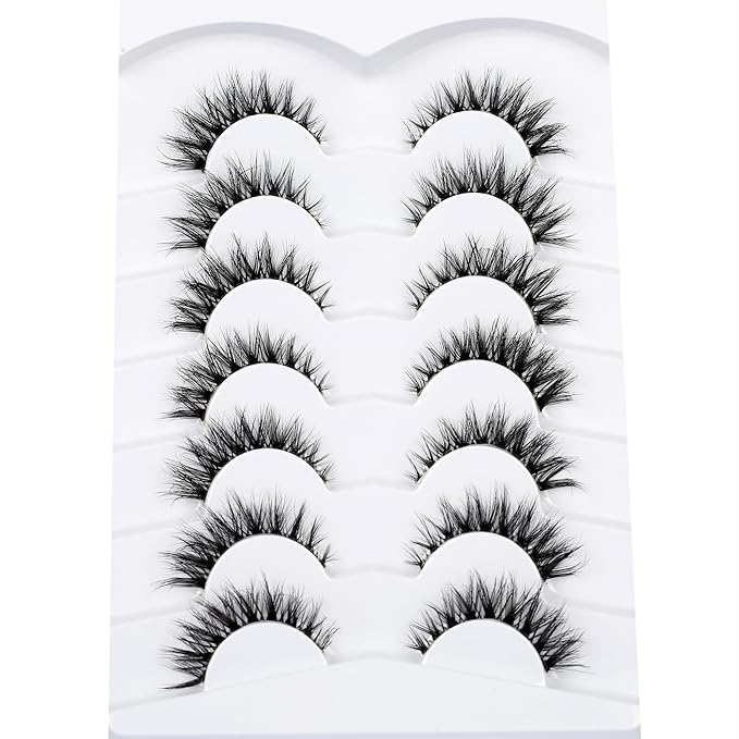 Pooplunch False Eyelashes Invisible Band Cat Eye Look Natural Wispy Lashes Extension Volume Short Fake Eyelashes Faux Mink Lash Strips 7 Pairs Pack