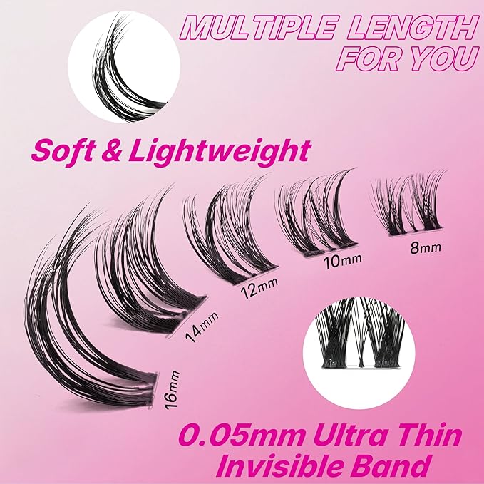 VEYESBEAUTY Ribbon Cluster Lashes Kit Individual Lash Extensions Newbie's Five-Second DIY Dramatic Volume Eyelash Wispy Faux Mink Lash Mixed Length Tray with Bond & Seal, Applicator at Home