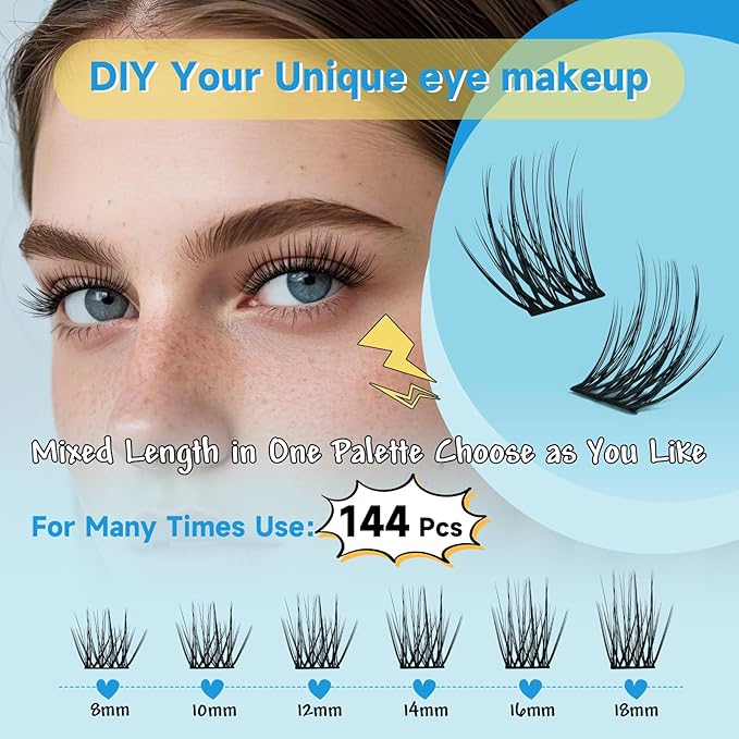 KevKev Lash Extension Kit Lash Clusters Kit 144Pcs 8-16mix Length Ultra Soft Eyelash Extension Kit Lash Bond and Seal Lash Glue Lash Remover for DIY Eyelash Extensions(Wetland, D-8-16mix)